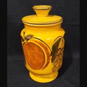 Vintage Los Angeles Potteries Canister Cookie Jar With Lid Gold Yellow Fruit